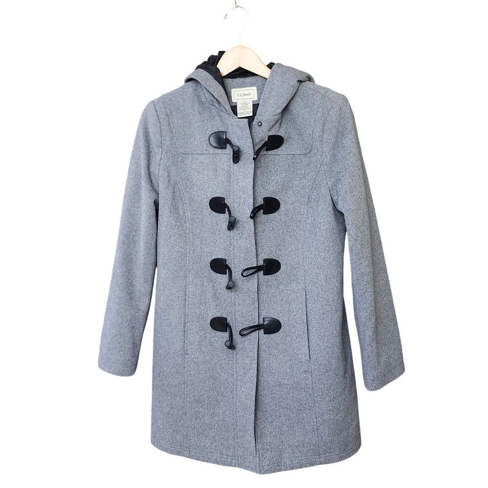 LL Bean Womens Gray Wool Blend Hooded Toggle Duffle Coat Jacket 276584 Size S